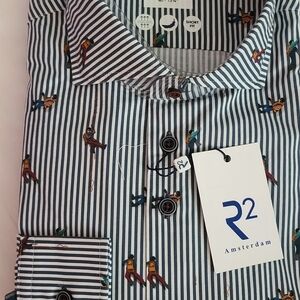 R2 Amsterdam Men's Navy & White Striped Button-Down with Micro Figures